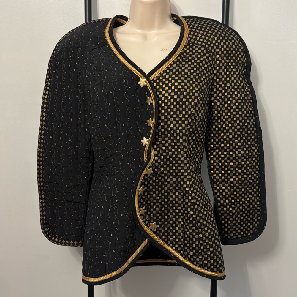 Vintage Jeanne Mark 80s Quilted Jacket Blazer Jacket with Peplum Hem Gold Black